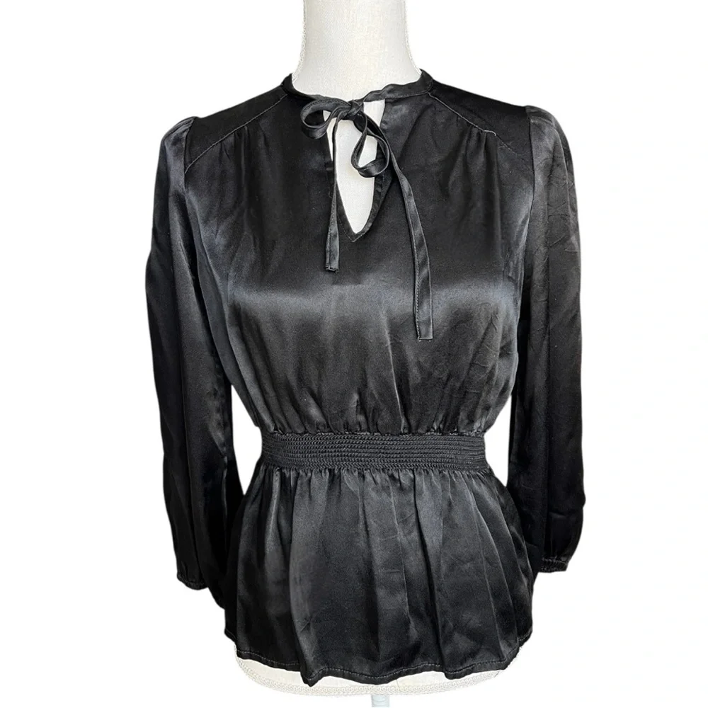Vintage 70s Black Satin long sleeve Blouse chic retro neutral minimalist